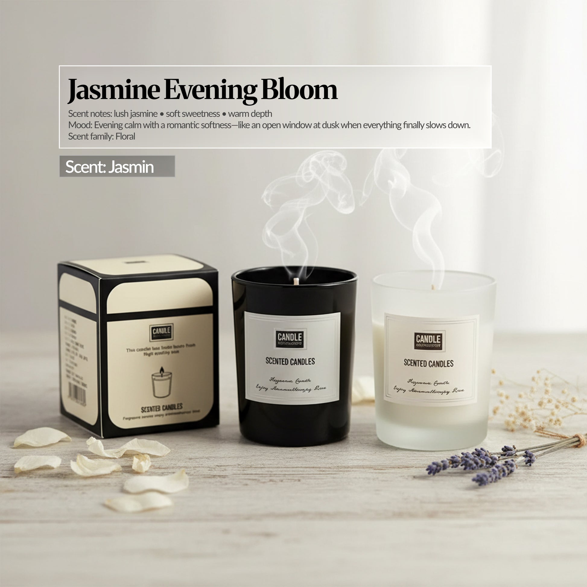 Jasmine Evening Bloom scent candle set — Black and frosted glass candles with matching box, calm neutral styling with petals and lavender; “Jasmine Evening Bloom” scent notes overlay.