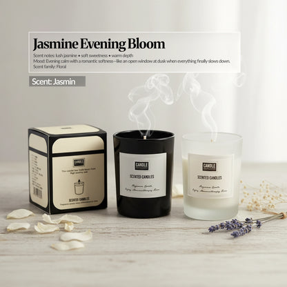 Jasmine Evening Bloom scent candle set — Black and frosted glass candles with matching box, calm neutral styling with petals and lavender; “Jasmine Evening Bloom” scent notes overlay.