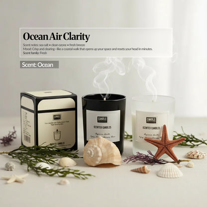 Ocean Air Clarity scent candle set — Black and frosted glass candles with matching box, seashells, starfish and seaweed accents; “Ocean Air Clarity” scent notes overlay.