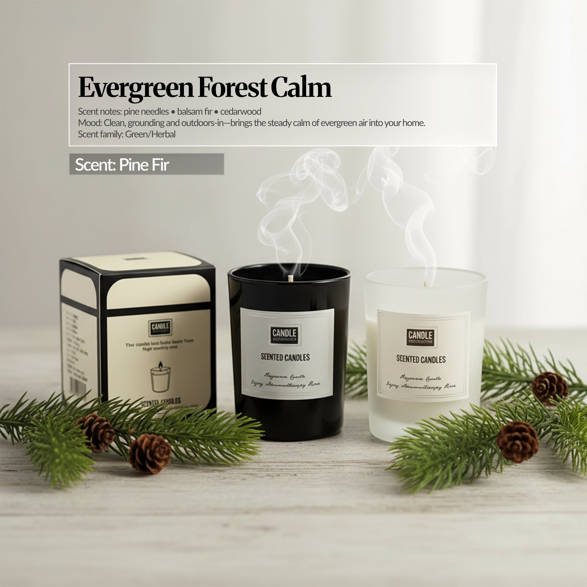 Evergreen Forest Calm — Candles and box styled with pine branches and small pine cones; “Evergreen Forest Calm” text overlay and “Scent: Pine Fir.”