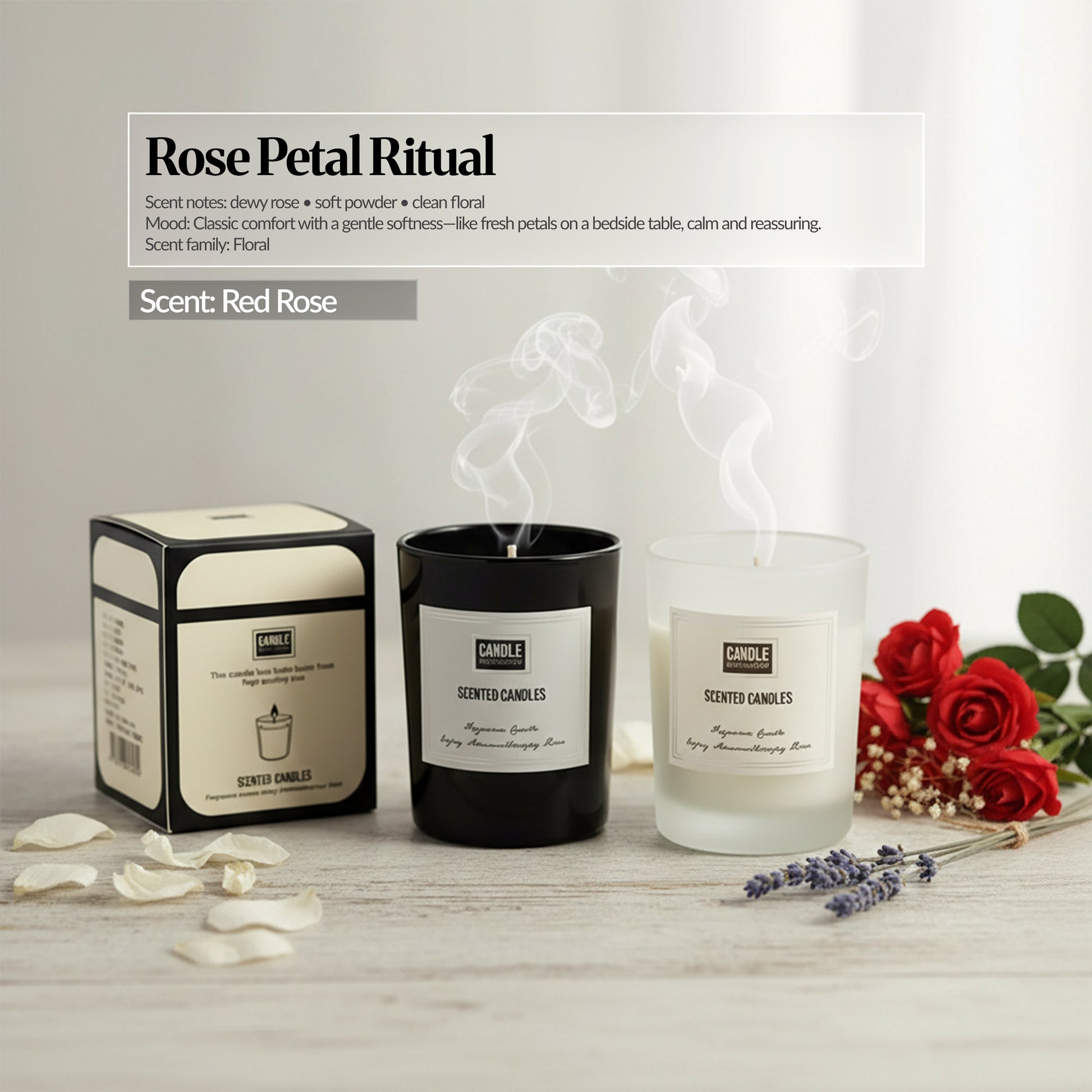 Rose Petal Ritual scent candle set — Black and frosted glass candles with matching box, red roses and petals; “Rose Petal Ritual” scent notes overlay.