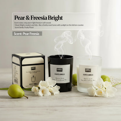 Pear & Freesia Bright — Candles and box styled with pears and white freesia-like flowers; “Pear & Freesia Bright” text overlay and “Scent: Pear Freesia.”
