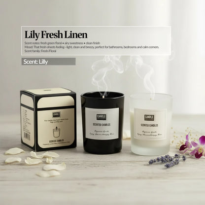 Lily Fresh Linen scent candle set — Black and frosted glass candles with matching box, soft “fresh linen” styling with petals and lavender; “Lily Fresh Linen” scent notes overlay.