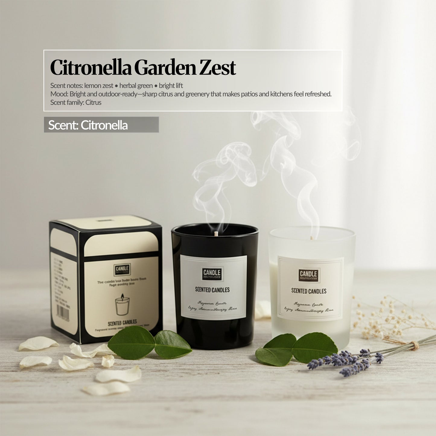 Citronella Garden Zest scent candle set — Black and frosted glass candles with matching box, citrus-green styling and lavender sprigs; “Citronella Garden Zest” scent notes overlay.