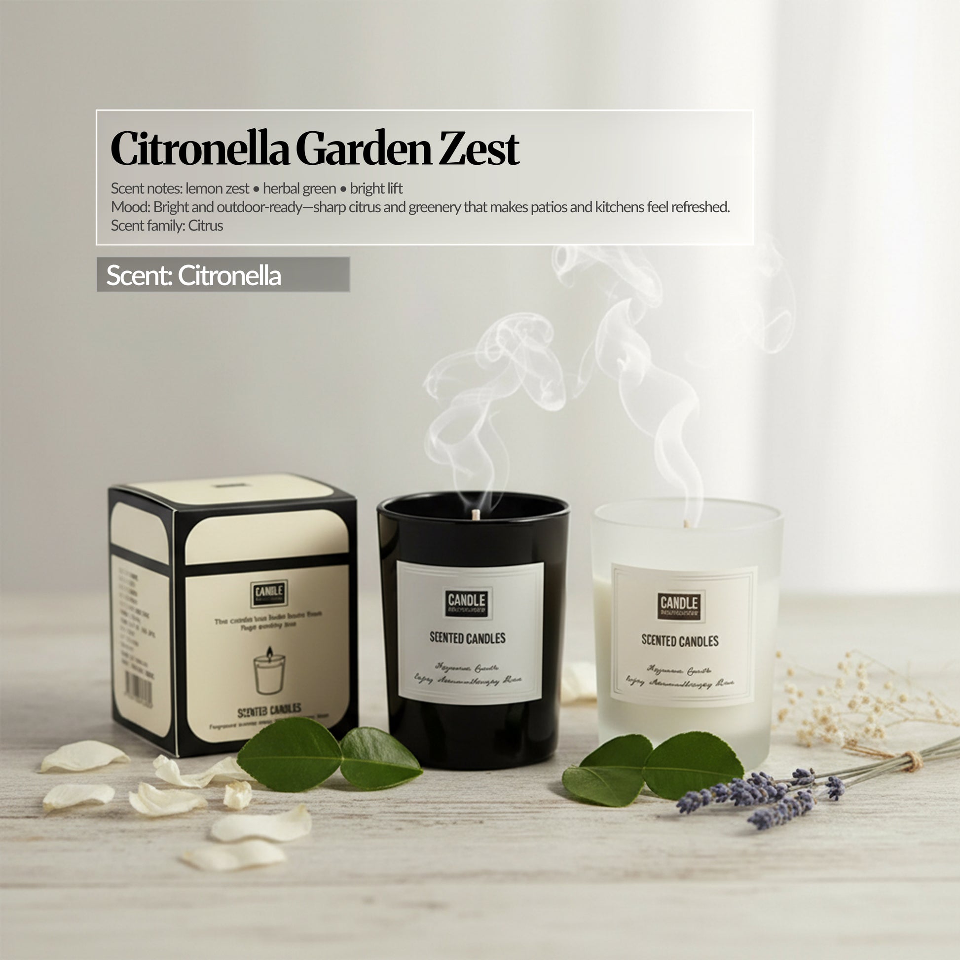 Citronella Garden Zest scent candle set — Black and frosted glass candles with matching box, citrus-green styling and lavender sprigs; “Citronella Garden Zest” scent notes overlay.
