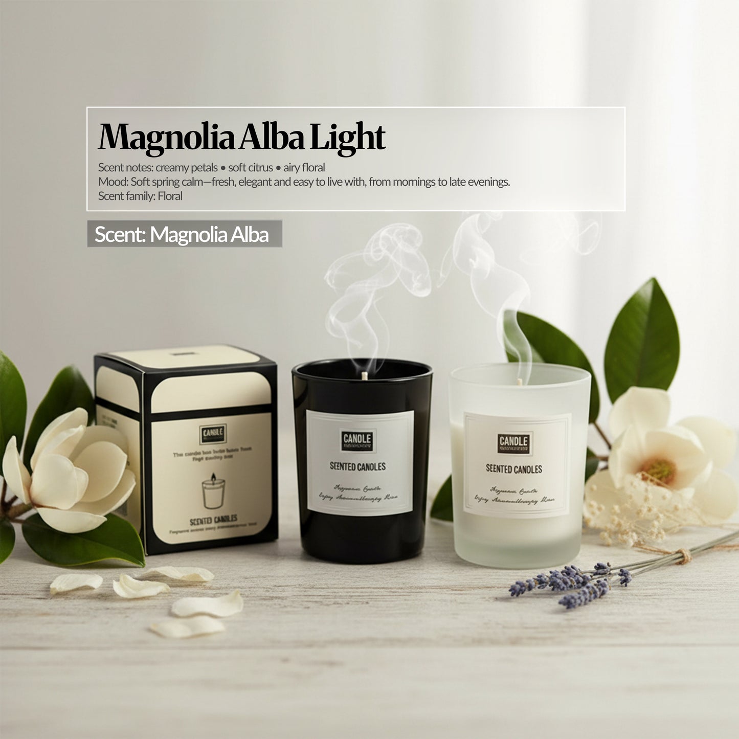Magnolia Alba Light scent candle set — Black and frosted glass candles with matching box, magnolia flowers and greenery; “Magnolia Alba Light” scent notes overlay.