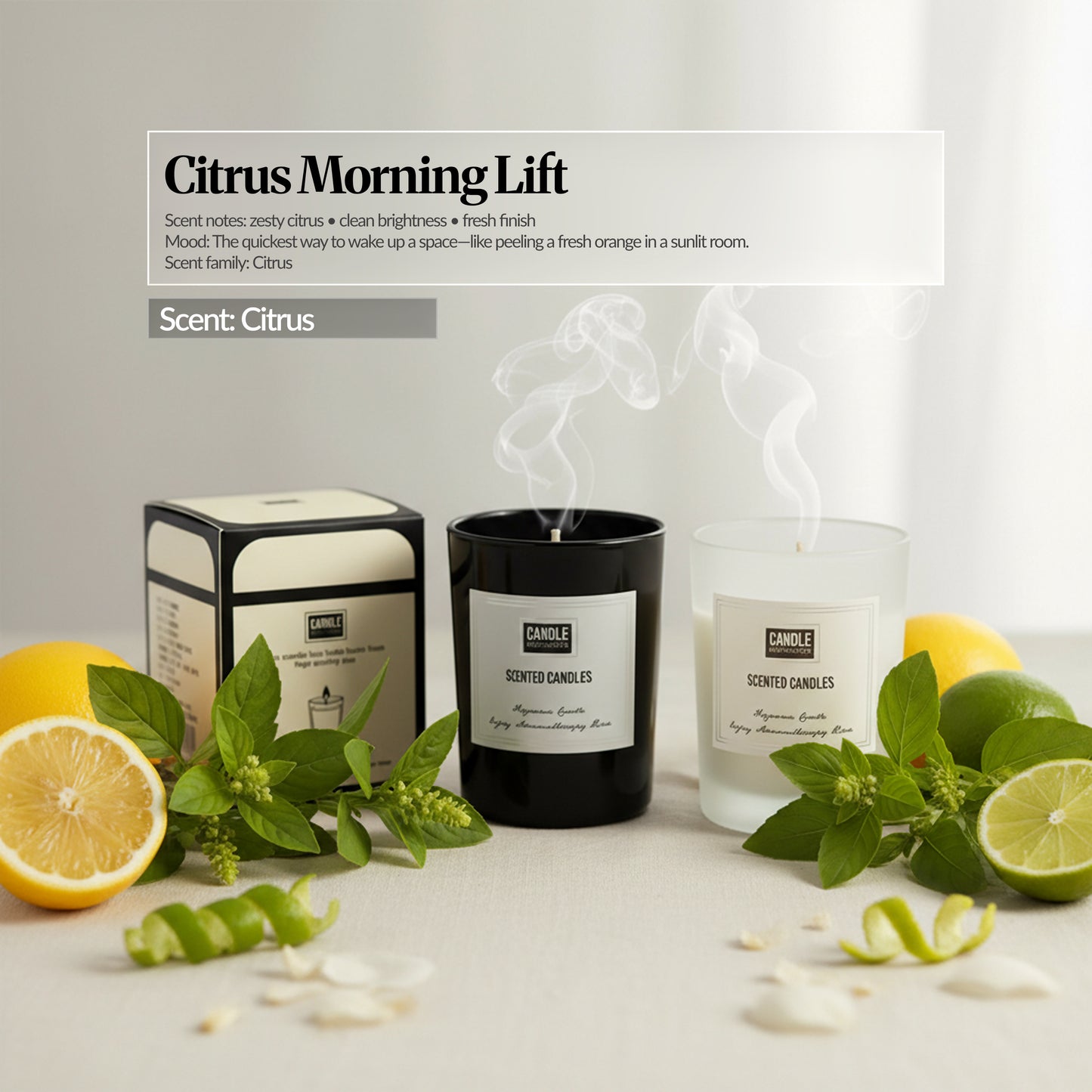 Citrus Morning Lift — Candles and box styled with lemon and lime slices, green leaves and citrus peel; “Citrus Morning Lift” text overlay and “Scent: Citrus.”