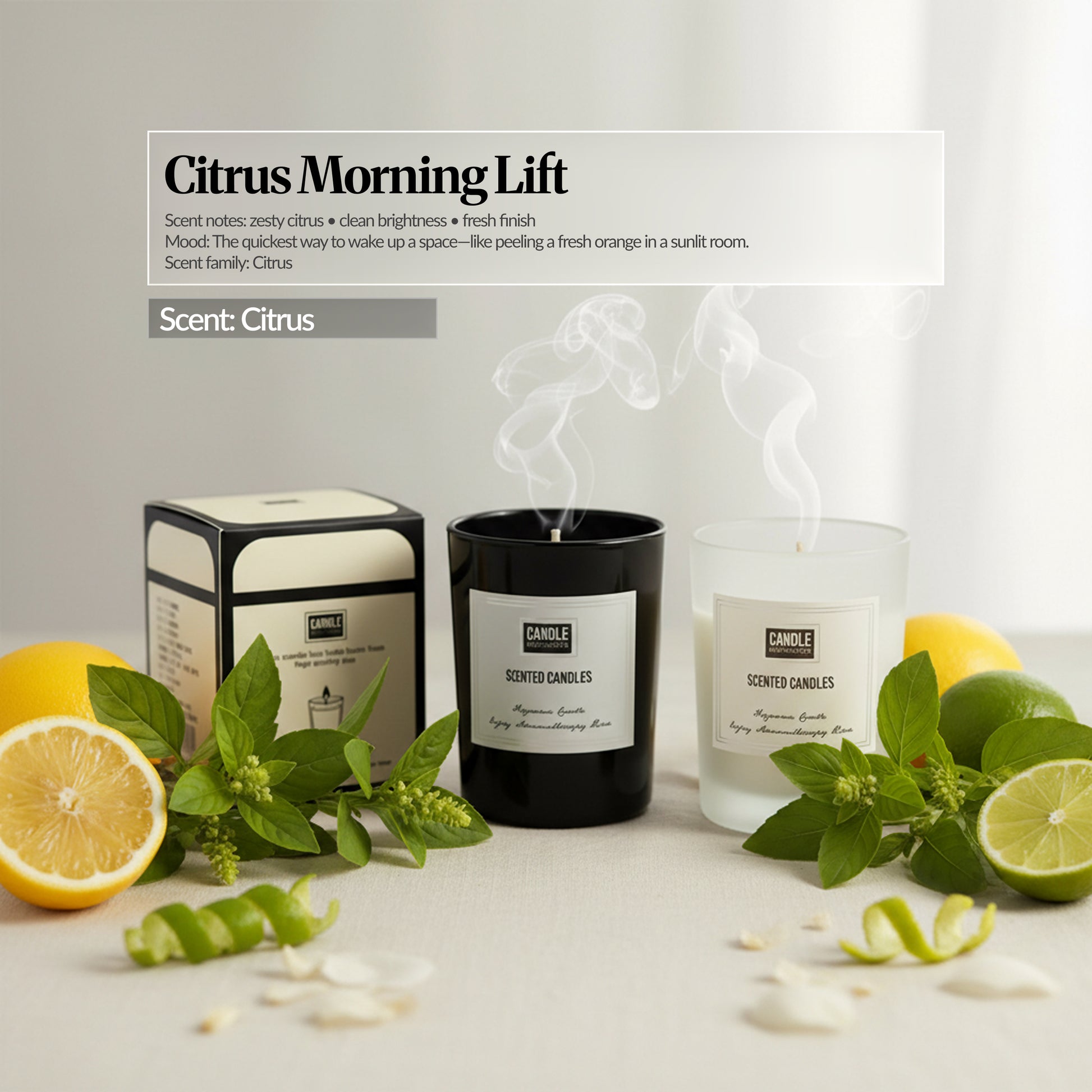 Citrus Morning Lift — Candles and box styled with lemon and lime slices, green leaves and citrus peel; “Citrus Morning Lift” text overlay and “Scent: Citrus.”