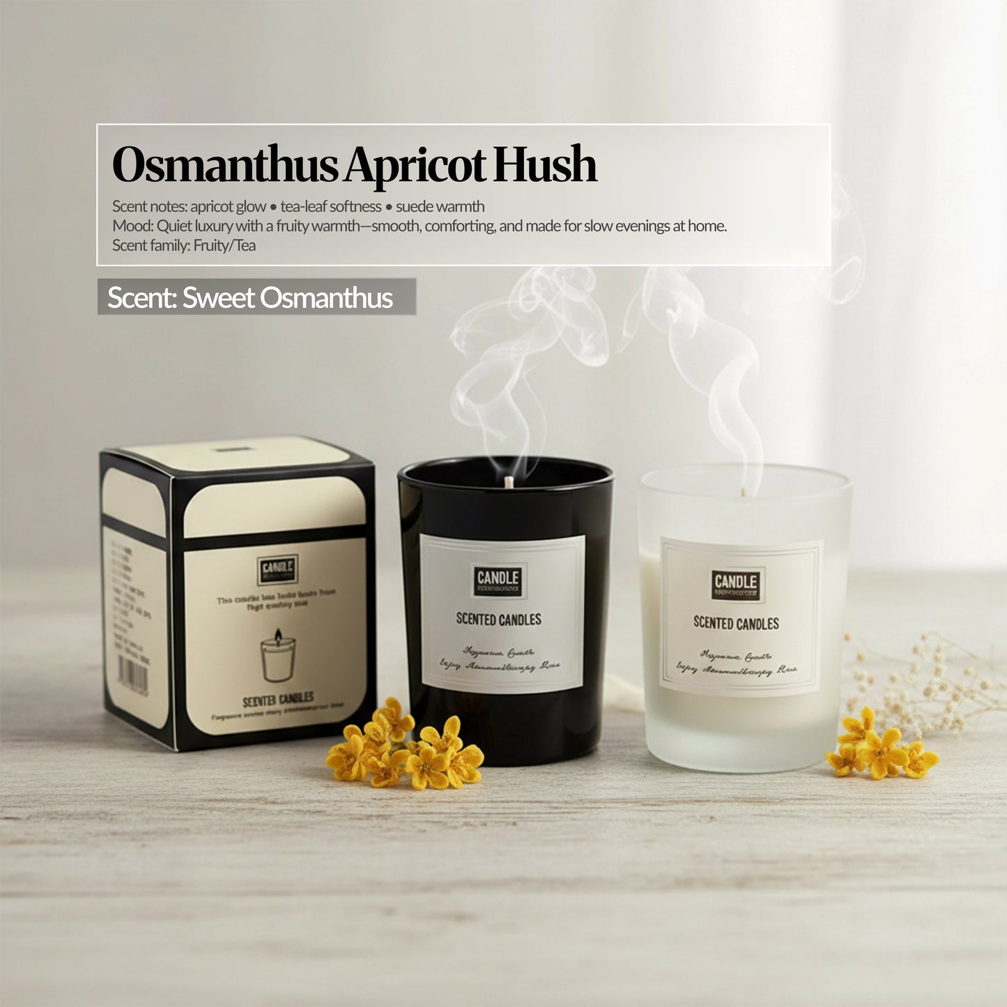 Osmanthus Apricot Hush scent candle set — Black and frosted glass candles with matching box and yellow osmanthus flowers; “Osmanthus Apricot Hush” scent notes overlay.