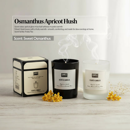 Osmanthus Apricot Hush scent candle set — Black and frosted glass candles with matching box and yellow osmanthus flowers; “Osmanthus Apricot Hush” scent notes overlay.