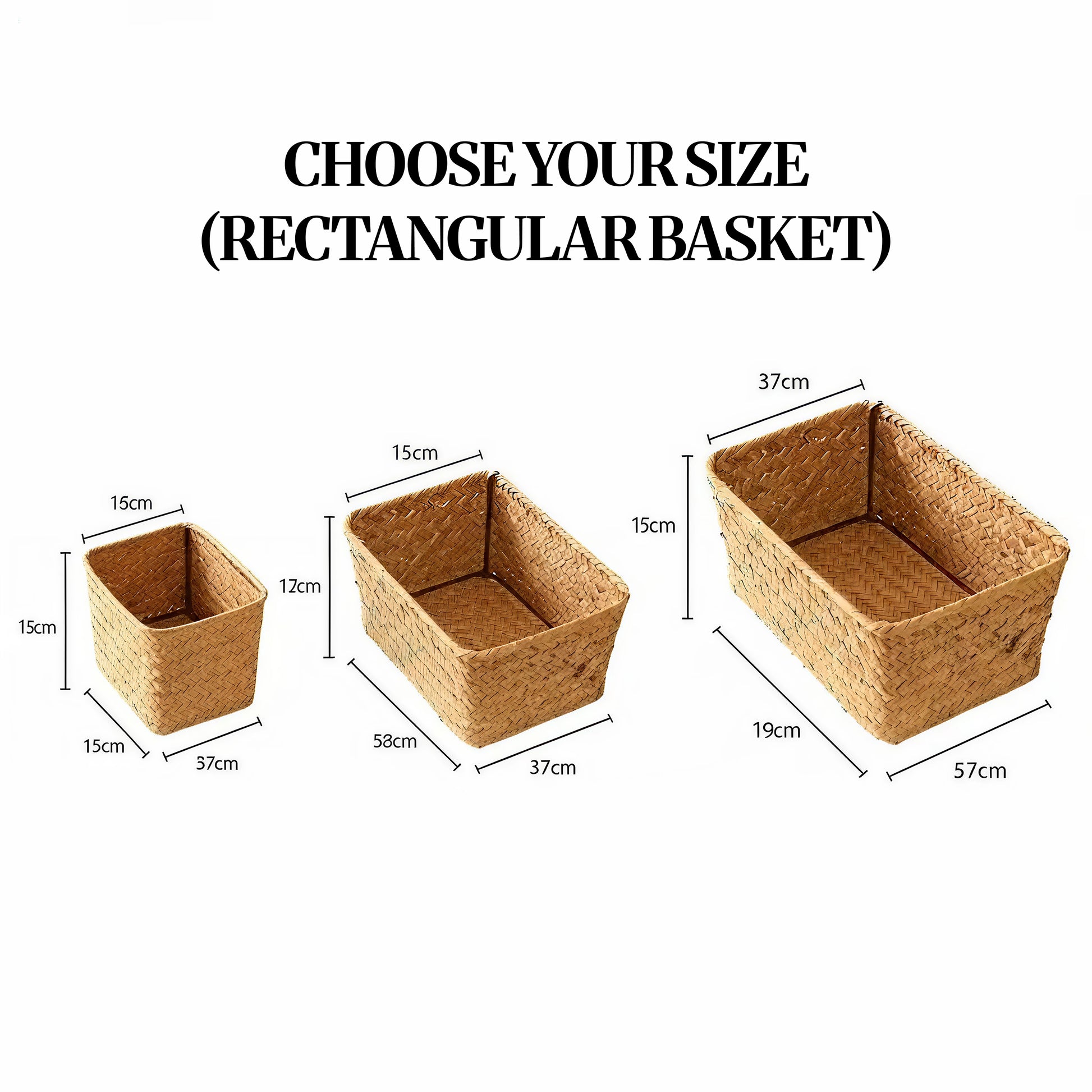 Image 09 (Size Guide): Size comparison graphic showing three rectangular basket sizes with measurements (small, medium, large).