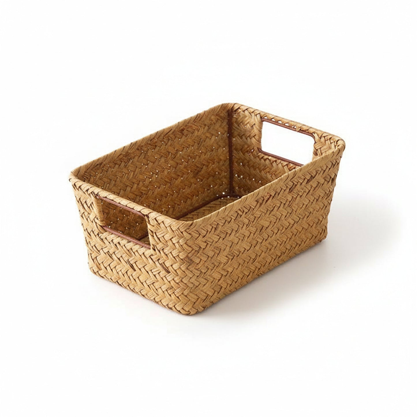 Handwoven rectangular seagrass storage basket (small size) on a white background.