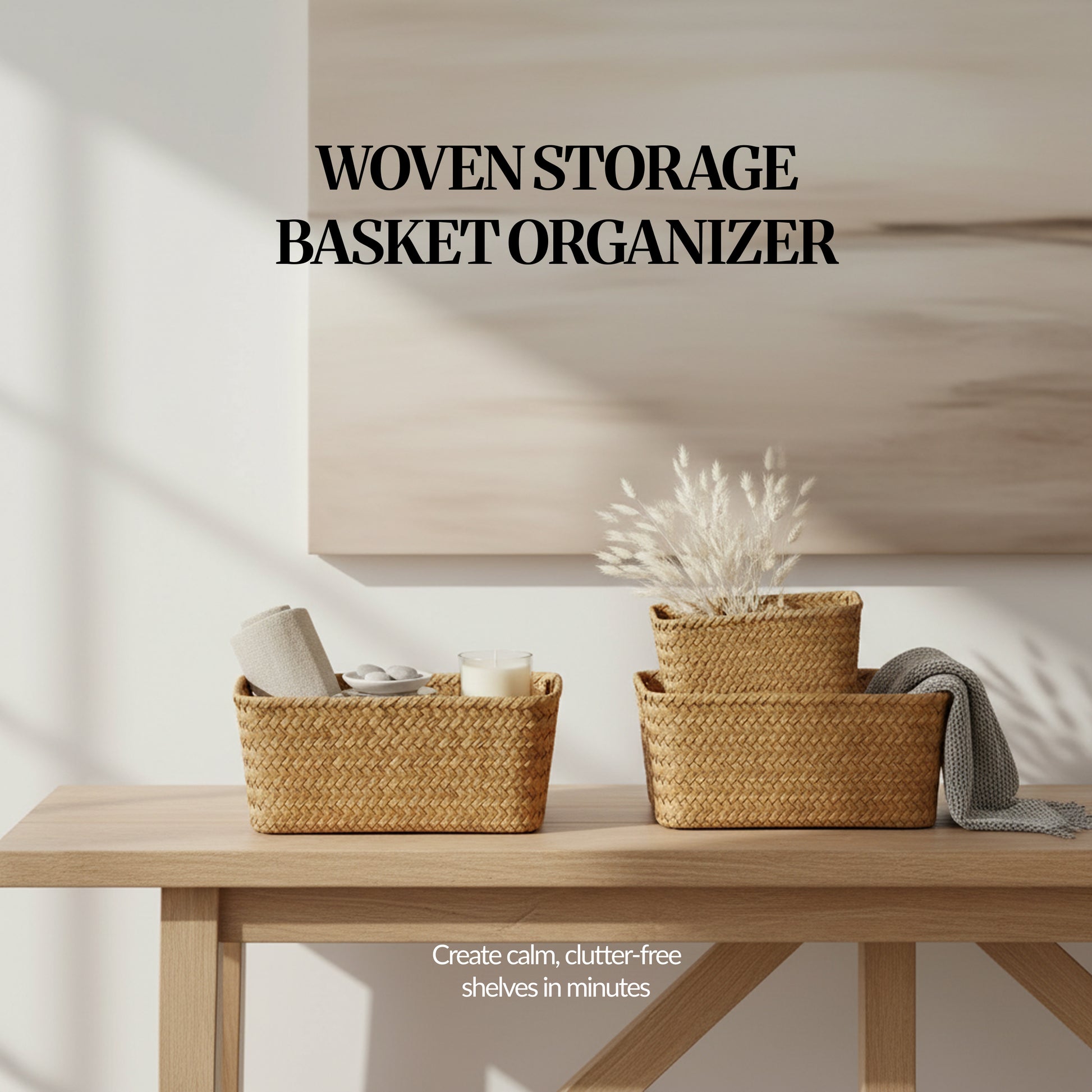 Image 07 (Lifestyle): Two woven seagrass storage baskets used as organisers on a wooden table in a calm home setting.