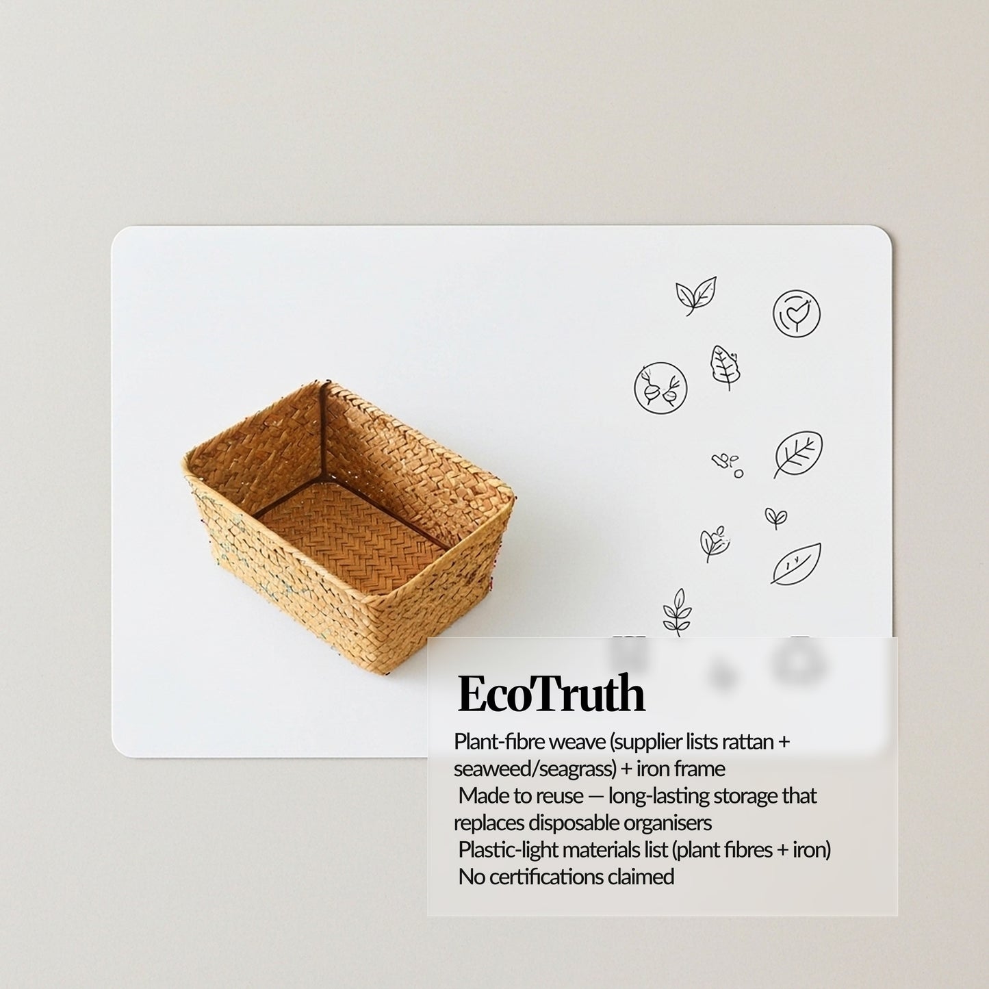 Image 10 (EcoTruth — Shopify Only): EcoTruth card showing a woven plant-fibre basket (supplier lists rattan + seagrass/seaweed) with iron frame and reuse-focused notes.