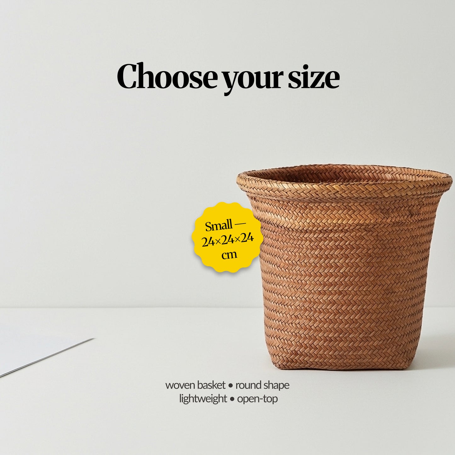 Choose your size – Small round woven basket shown with “Small 24×24×24 cm” label; lightweight, open-top storage.