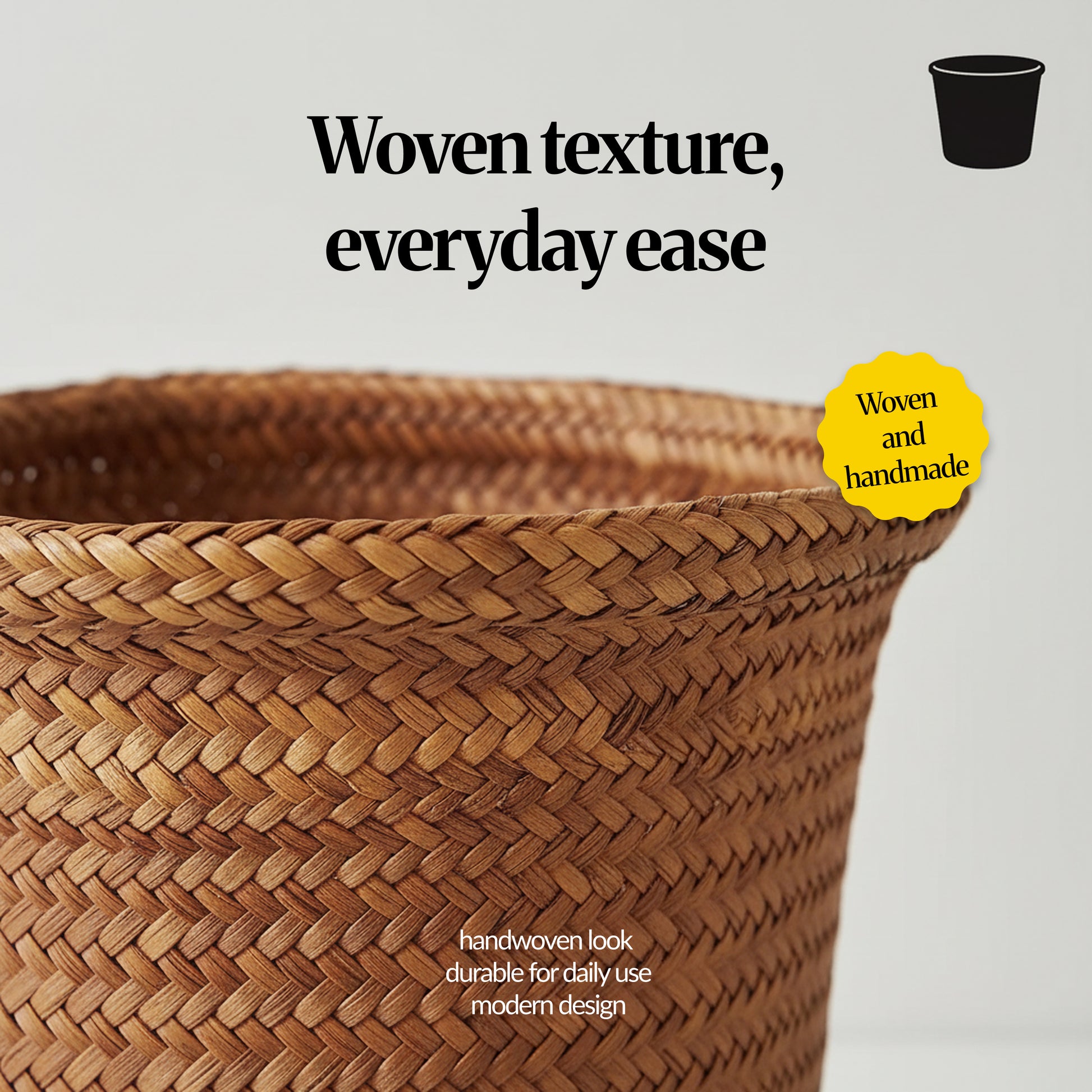 Close-up detail of the basket’s handwoven seagrass texture and braided rim (woven and handmade look).