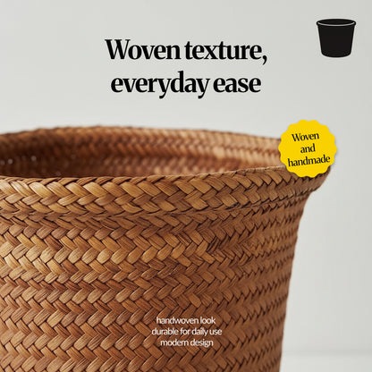 Close-up detail of the basket’s handwoven seagrass texture and braided rim (woven and handmade look).