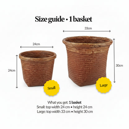 Size guide (1 basket) comparing Small (24 cm top width, 24 cm height) and Large (33 cm top width, 30 cm height) woven baskets with measurements shown.