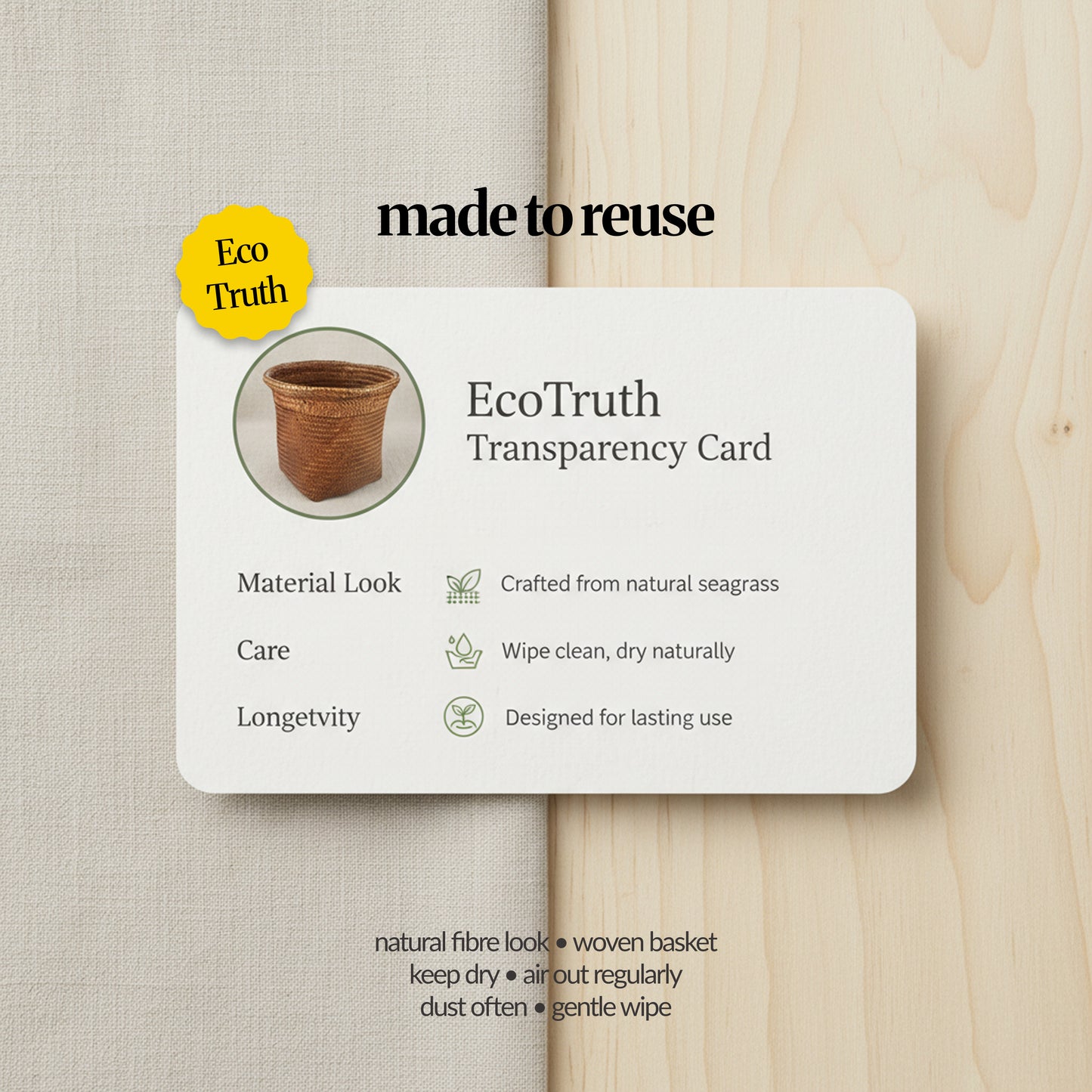 EcoTruth transparency card showing a woven seagrass storage basket with notes on natural material, wipe-clean care, and long-lasting reuse