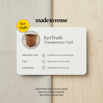 EcoTruth transparency card showing a woven seagrass storage basket with notes on natural material, wipe-clean care, and long-lasting reuse