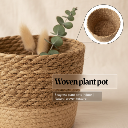 Close-up woven seagrass plant pot texture with an inset showing the inside of the basket; on-image text “Woven plant pot” and “Seagrass plant pots indoor | Natural woven texture.”