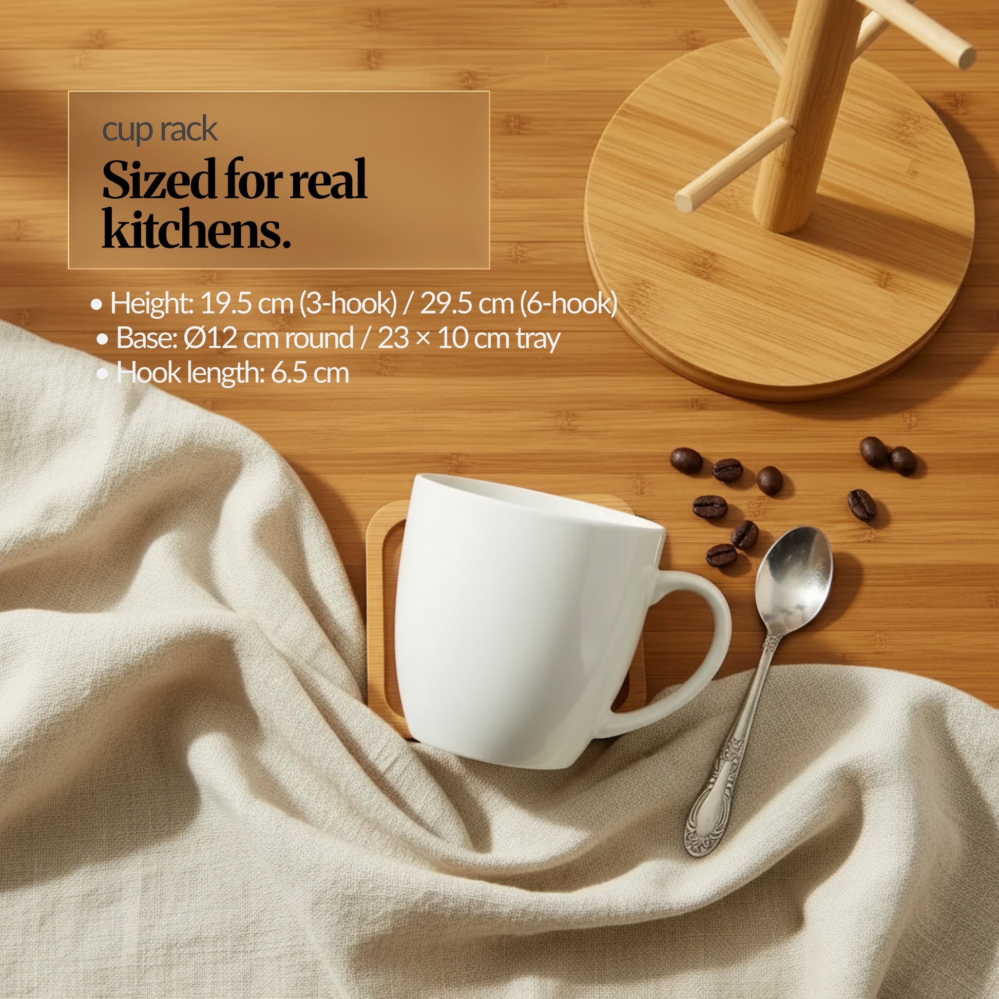 Bamboo cup rack with hooks and round base, shown on a wooden surface with a mug and spoon; overlay lists dimensions (height, base size, hook length).