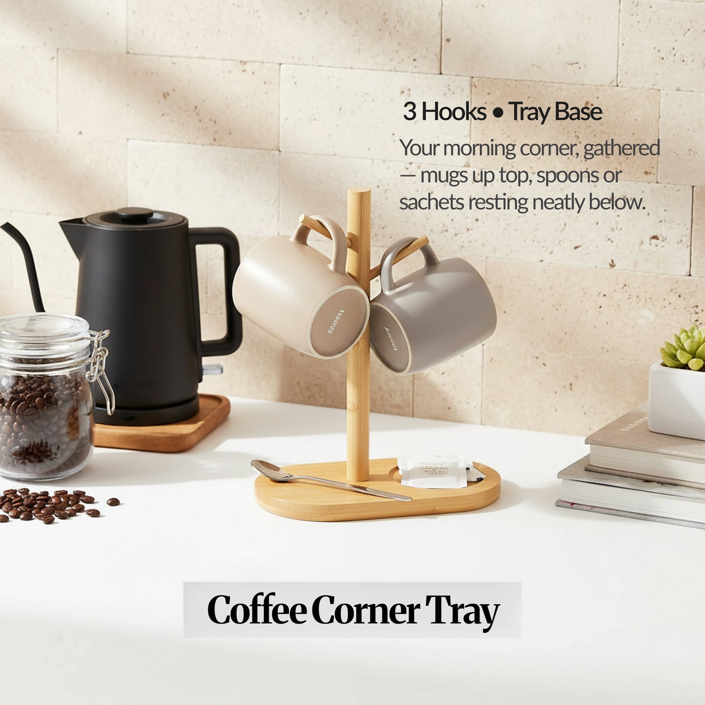 Coffee Corner Tray variant: compact bamboo mug holder with 3 hooks on a tray base holding two mugs, with a spoon and sachets resting on the tray.