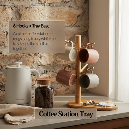 Coffee Station Tray variant: bamboo mug tree with 6 hooks on a tray base holding mugs, with spoons and small items stored on the tray.