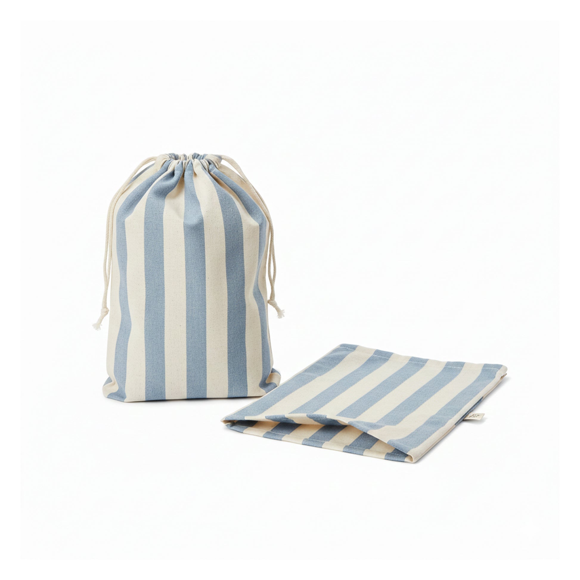 A blue striped cotton bread bags shown  on a clean white background. 