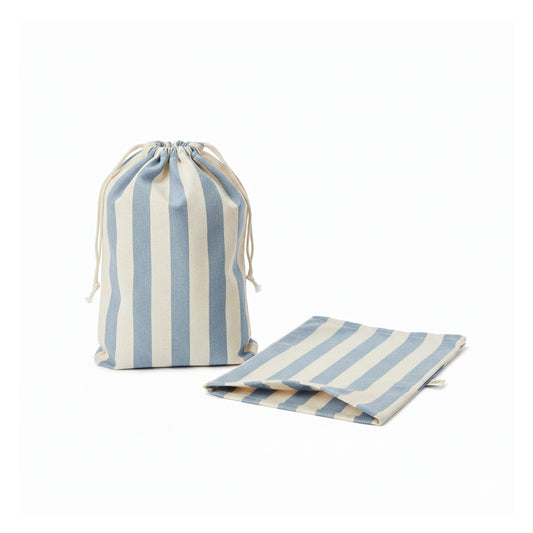 A blue striped cotton bread bags shown  on a clean white background. 