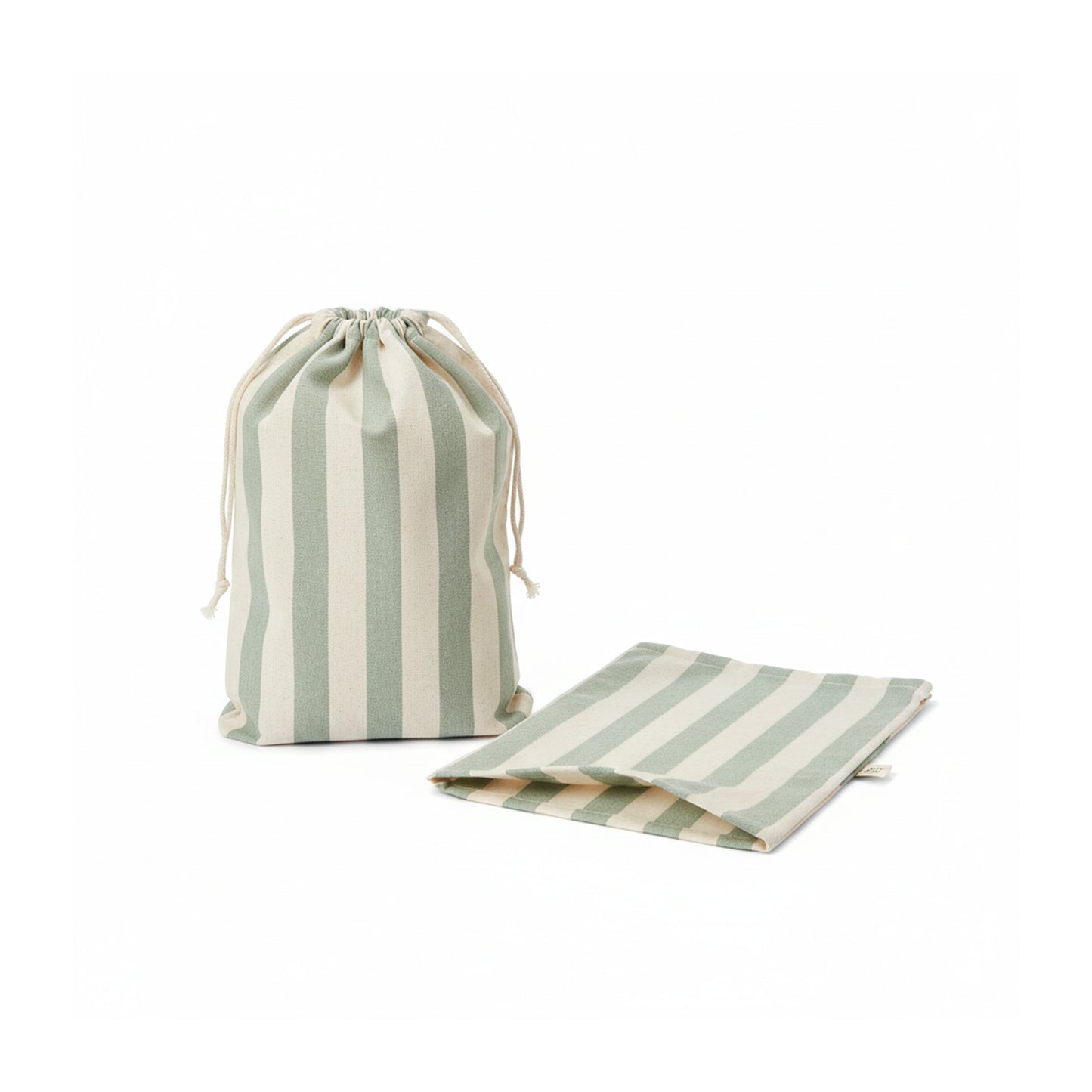 A green striped cotton bread bags shown  on a clean white background. 