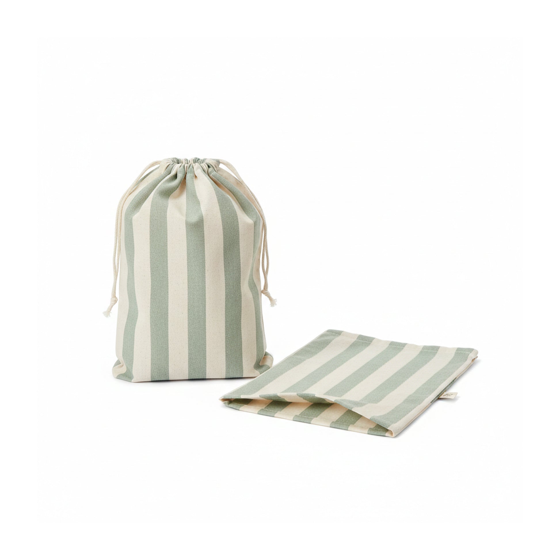 A green striped cotton bread bags shown  on a clean white background. 