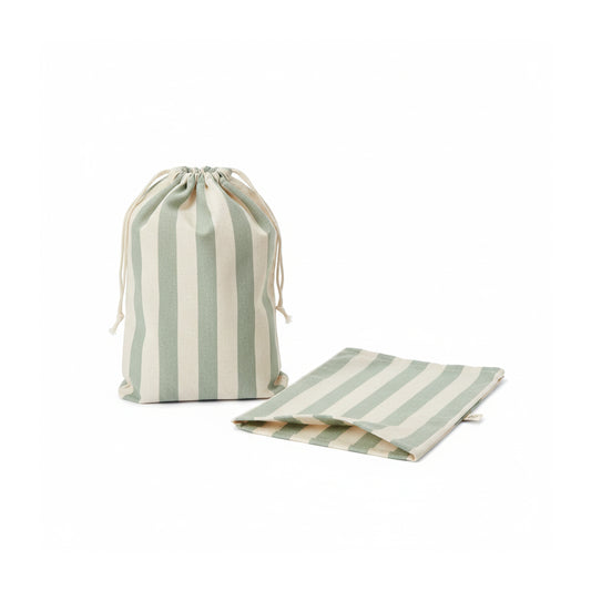 A green striped cotton bread bags shown  on a clean white background. 