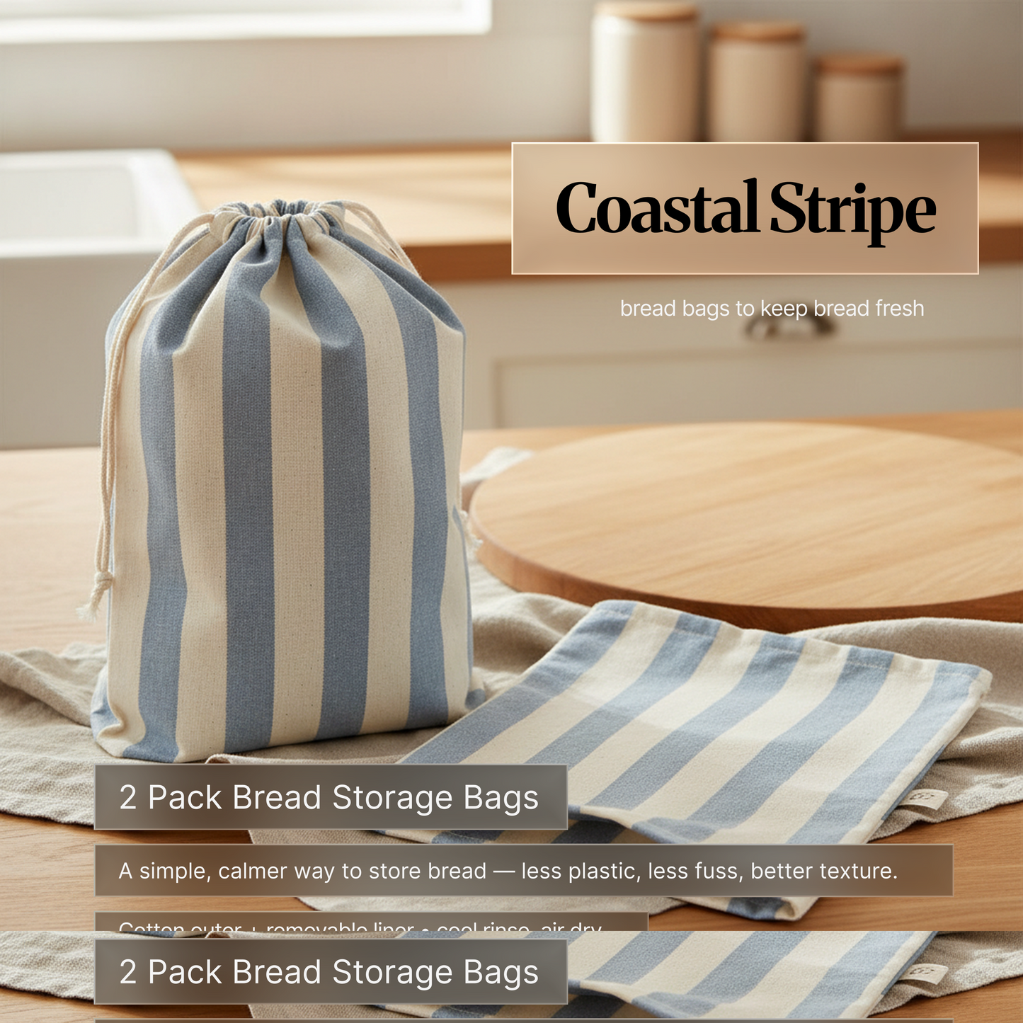 Coastal Stripe variant: blue-and-cream striped drawstring cotton bread storage bag with matching removable liner on a kitchen counter; 2-pack reusable bread bags to keep bread fresh.