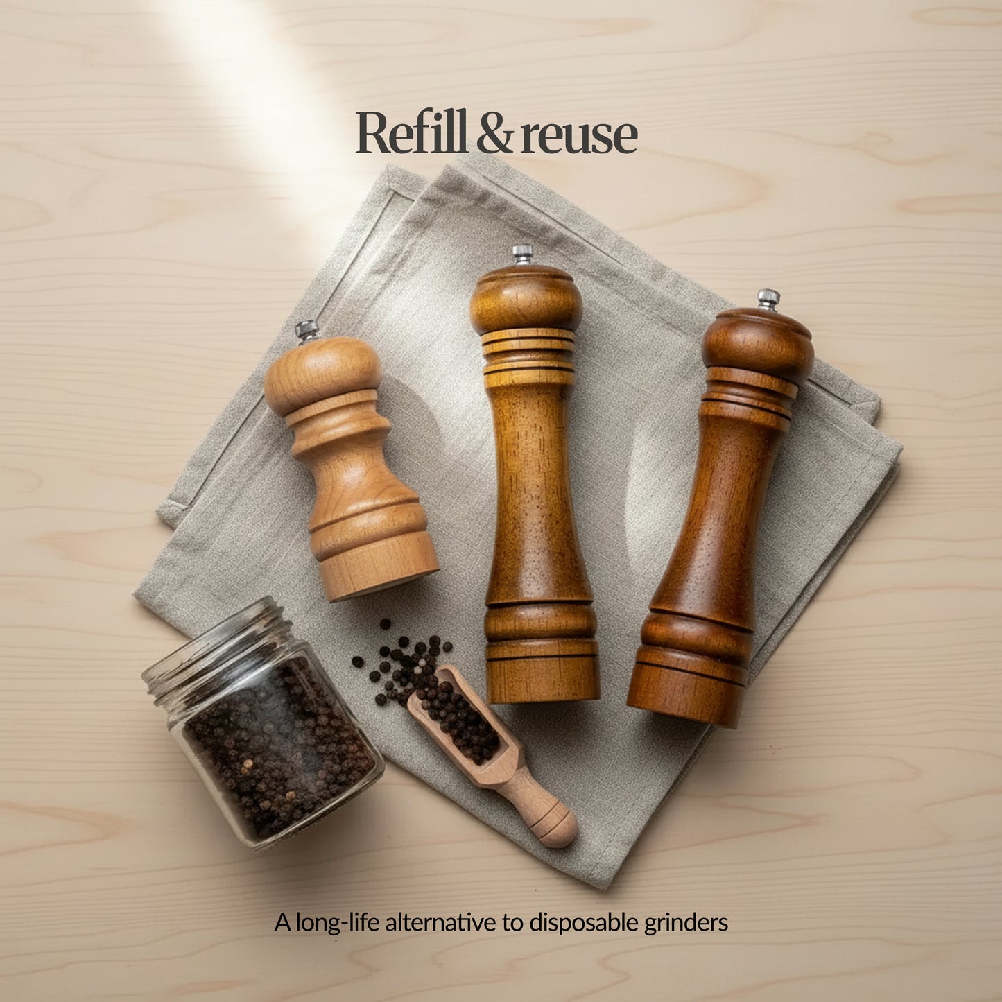 Refill & reuse flatlay—wood pepper grinders with pepper jar and scoop; text reads “A long-life alternative to disposable grinders.