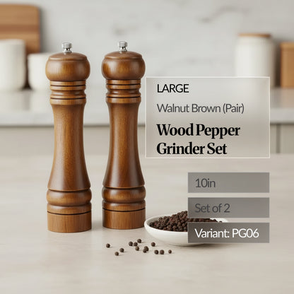 Large 10in walnut brown wood pepper grinder set of 2 (pair) on a kitchen counter with peppercorns in a dish; text overlay shows “Variant: PG06”.