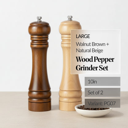 Large 10in wood pepper grinder set of 2 (walnut brown + natural beige) on a white background with a small dish of peppercorns; text overlay shows “Variant: PG07”.