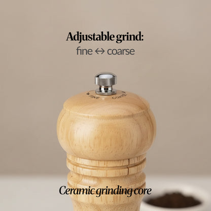 Close-up of natural beige grinder top showing adjustable grind from fine to coarse and ceramic grinding core.