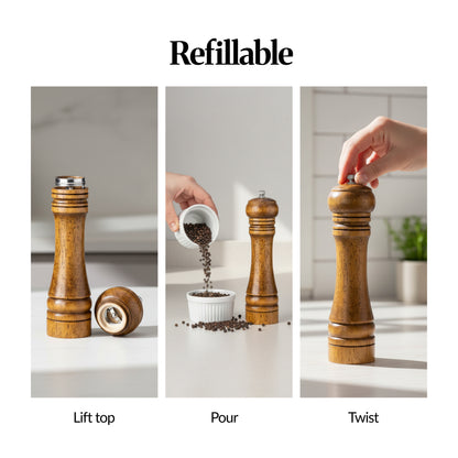Refillable pepper grinder steps—lift top, pour peppercorns in, then twist to grind (three-panel guide).