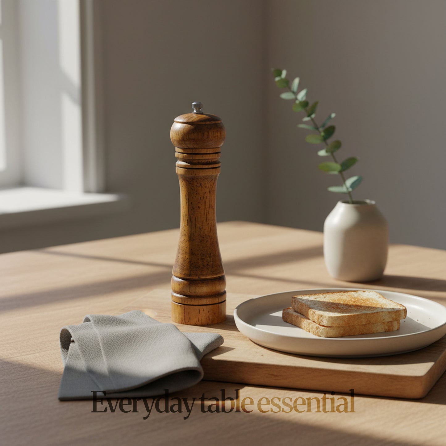 Lifestyle scene of walnut brown wood pepper grinder on wooden table beside plate and toast, soft natural light; “Everyday table essential."