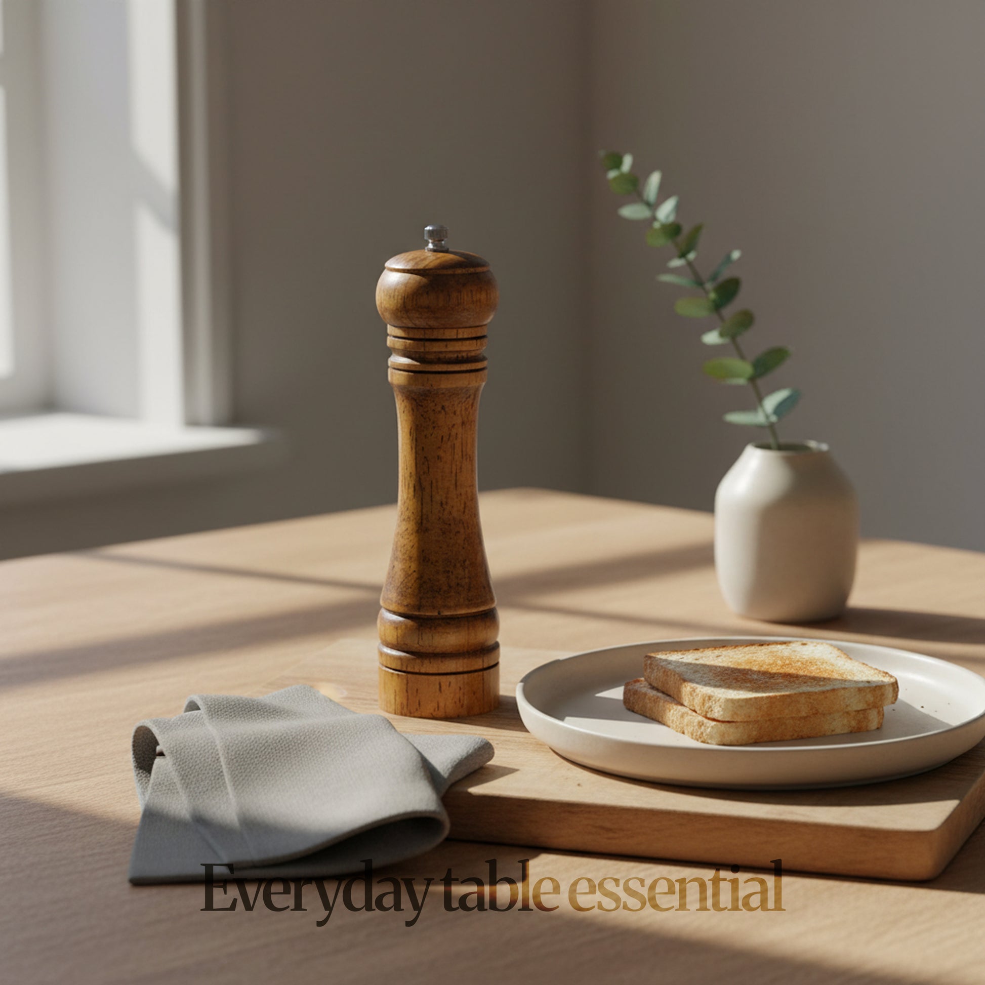 Lifestyle scene of walnut brown wood pepper grinder on wooden table beside plate and toast, soft natural light; “Everyday table essential."