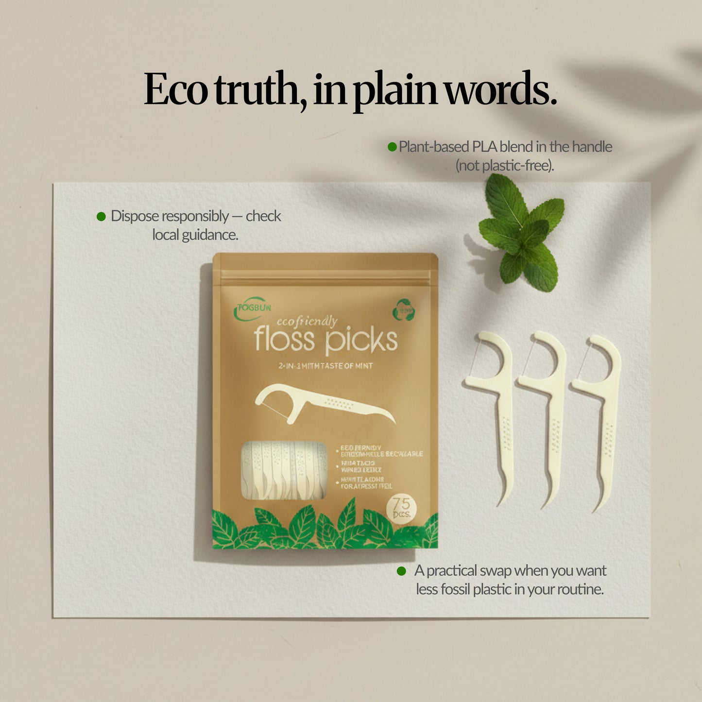 Eco friendly floss picks pack and three floss picks on a white mat with mint leaves, with ‘Eco truth, in plain words’ sustainability callouts.