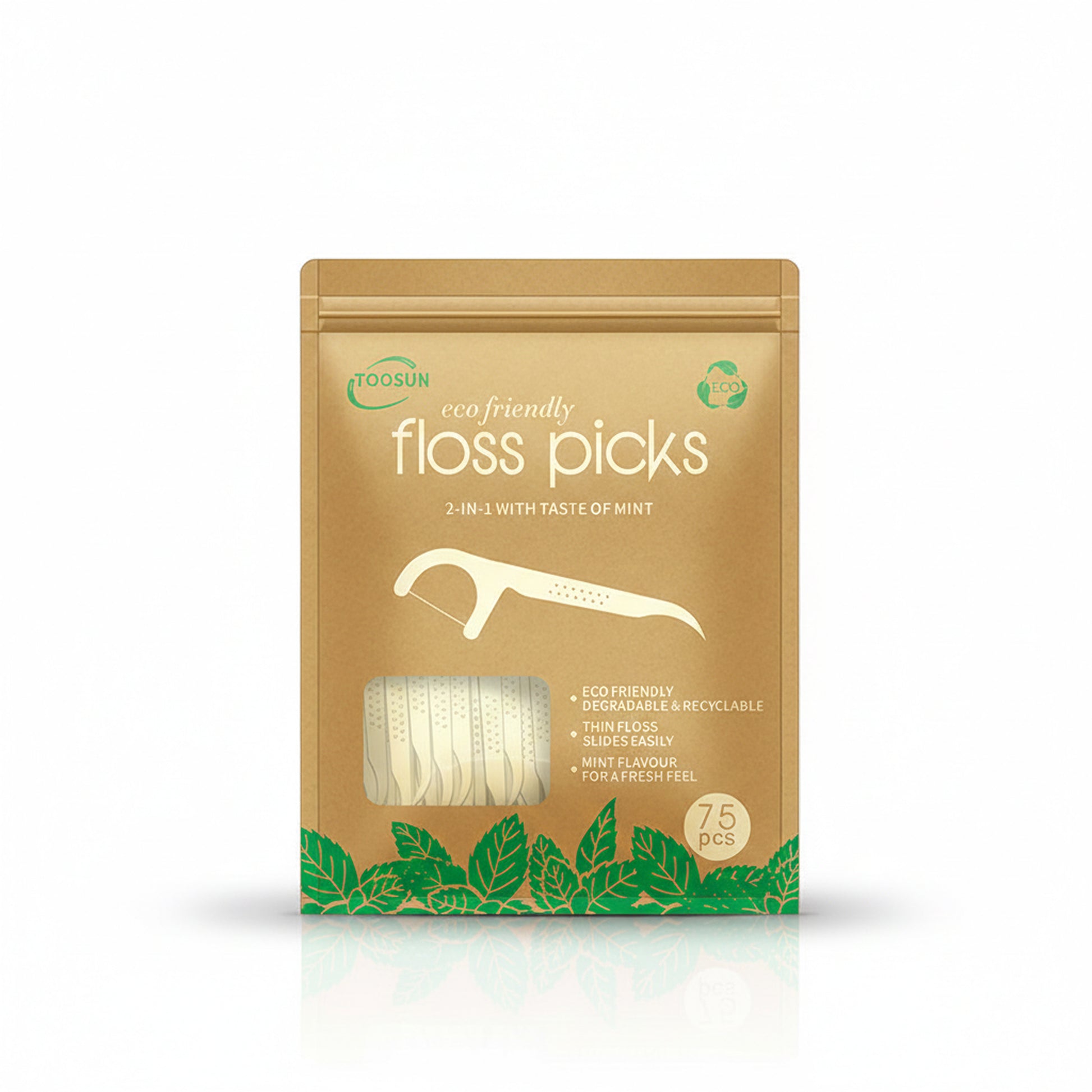 Resealable pouch of mint floss picks on a white background.