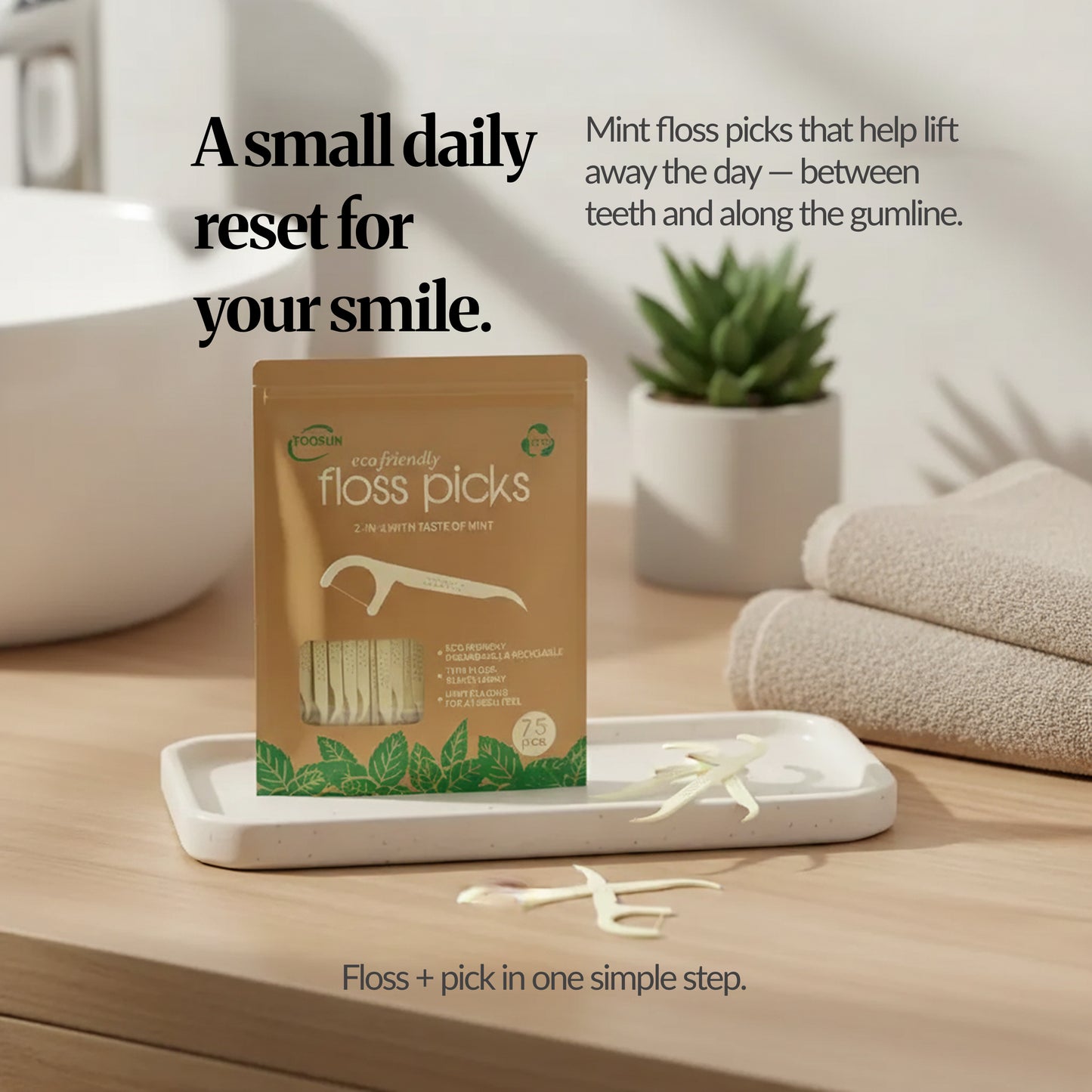 Lifestyle bathroom scene with the floss picks pack on a tray, loose floss picks and folded towels, with text "A small daily reset for your smile."