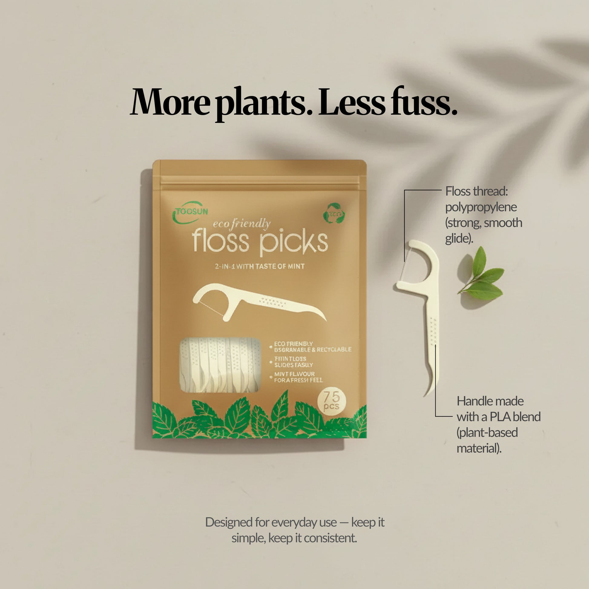 co friendly floss picks pack and one floss pick on a neutral background, with material callouts for polypropylene floss thread and plant-based PLA-blend handle.