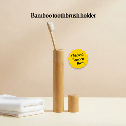 Bamboo toothbrush holder travel tube shown with three size options labelled for kids and adults. 