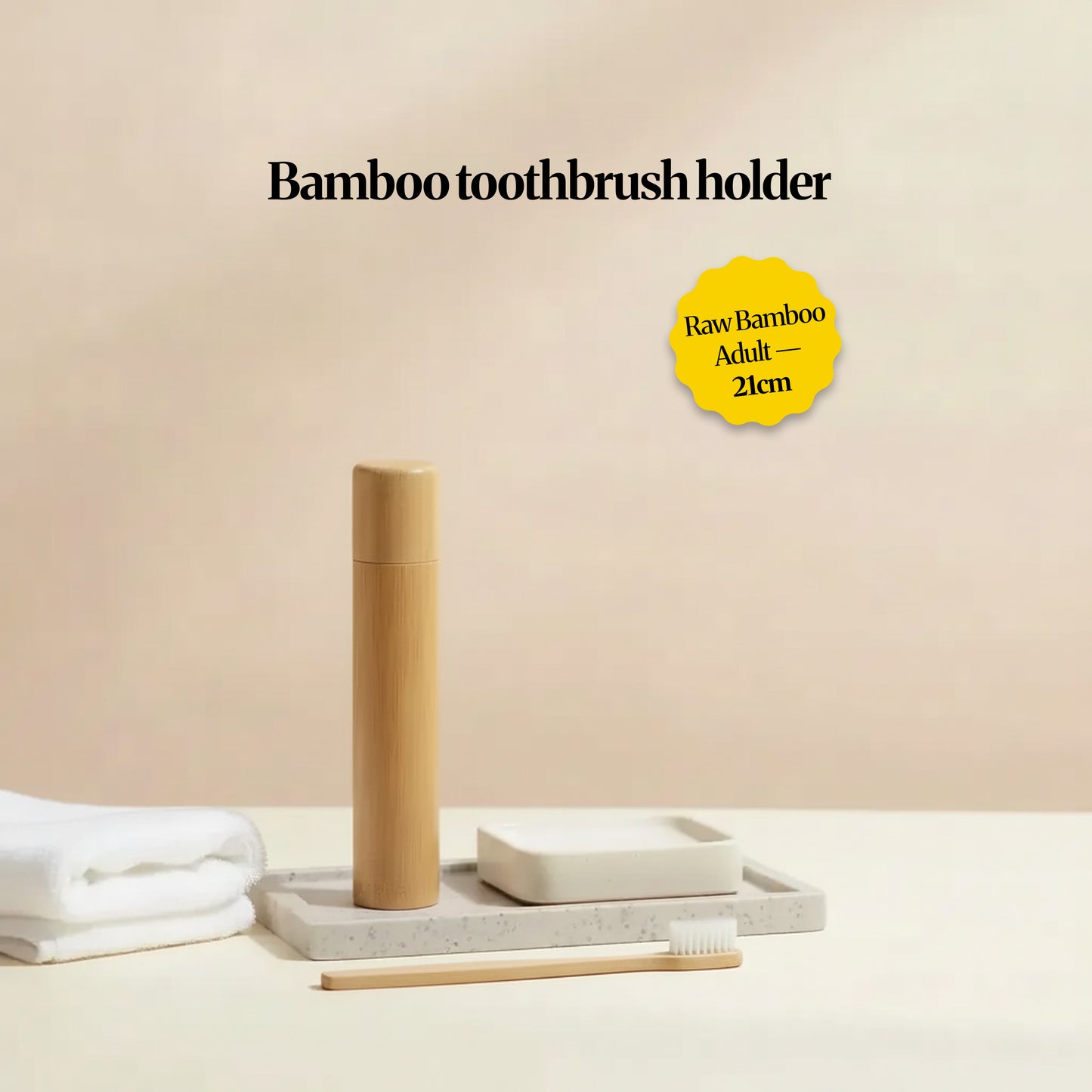 Bamboo toothbrush holder travel tube shown with three size options labelled for kids and adults. 