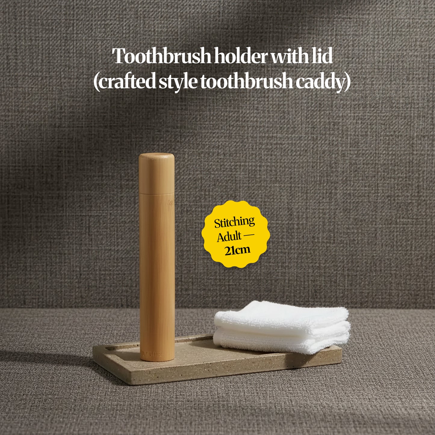 Bamboo toothbrush holder travel tube shown with three size options labelled for kids and adults. 
