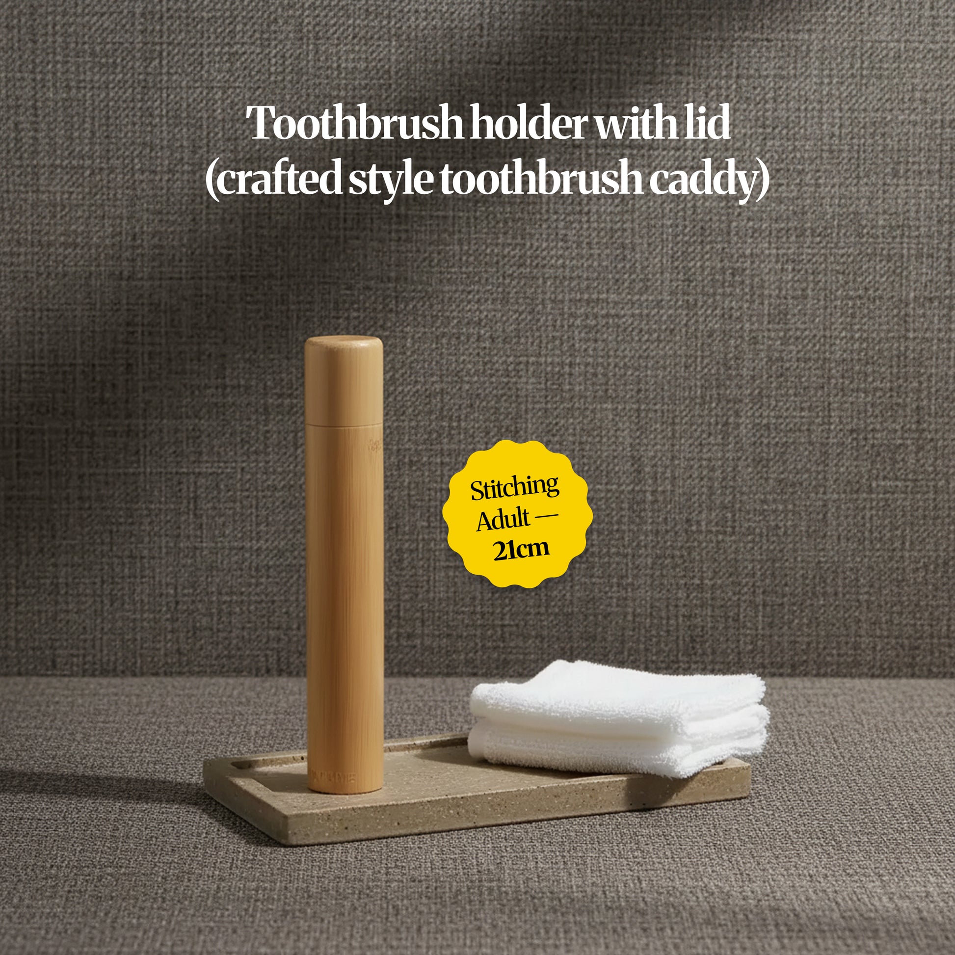 Bamboo toothbrush holder travel tube shown with three size options labelled for kids and adults. 