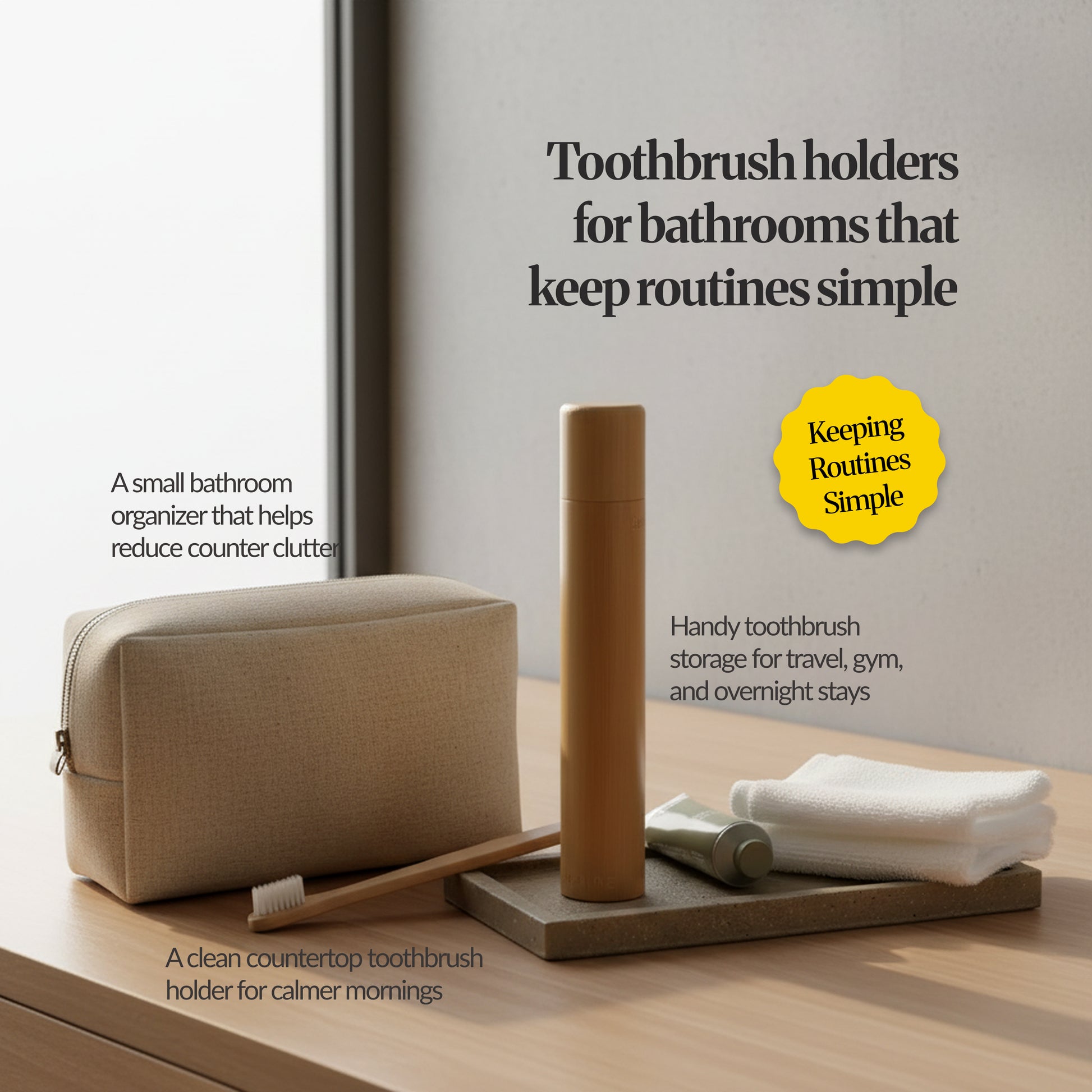 Bamboo toothbrush holder with lid used as a tidy toothbrush organizer on a bathroom countertop.